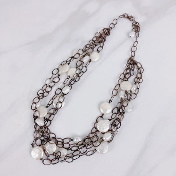 Multi-Strand Pearl Necklace on Oxidized Silver Chain, Boho Style, 13.5" - 16.5" - Picture 4 of 9